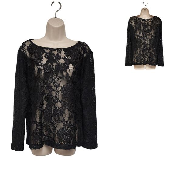 CHICO'S Long Sleeve Scoop-Neck Lace Floral Blouse Black Size 2-Large - Picture 1 of 6